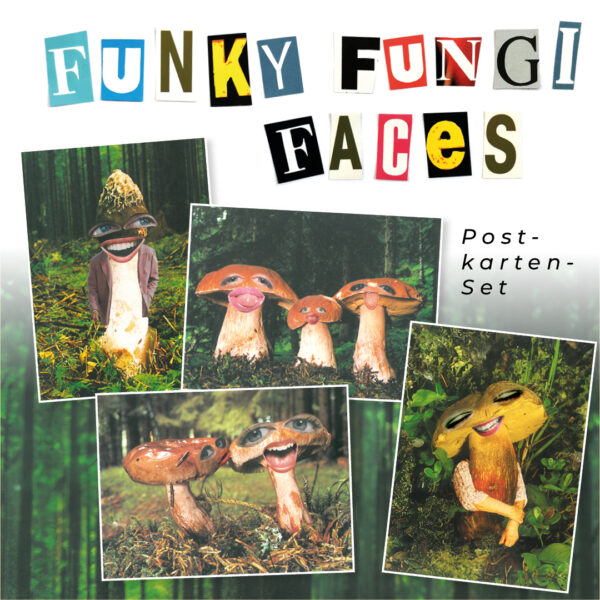 Funki Fungi Faces Bildcollage mit 4 Pilzmotiven von @collaschiert